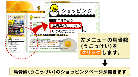 左メニューの烏骨鶏(うこっけい）をクリックするとショッピングページが開きます。